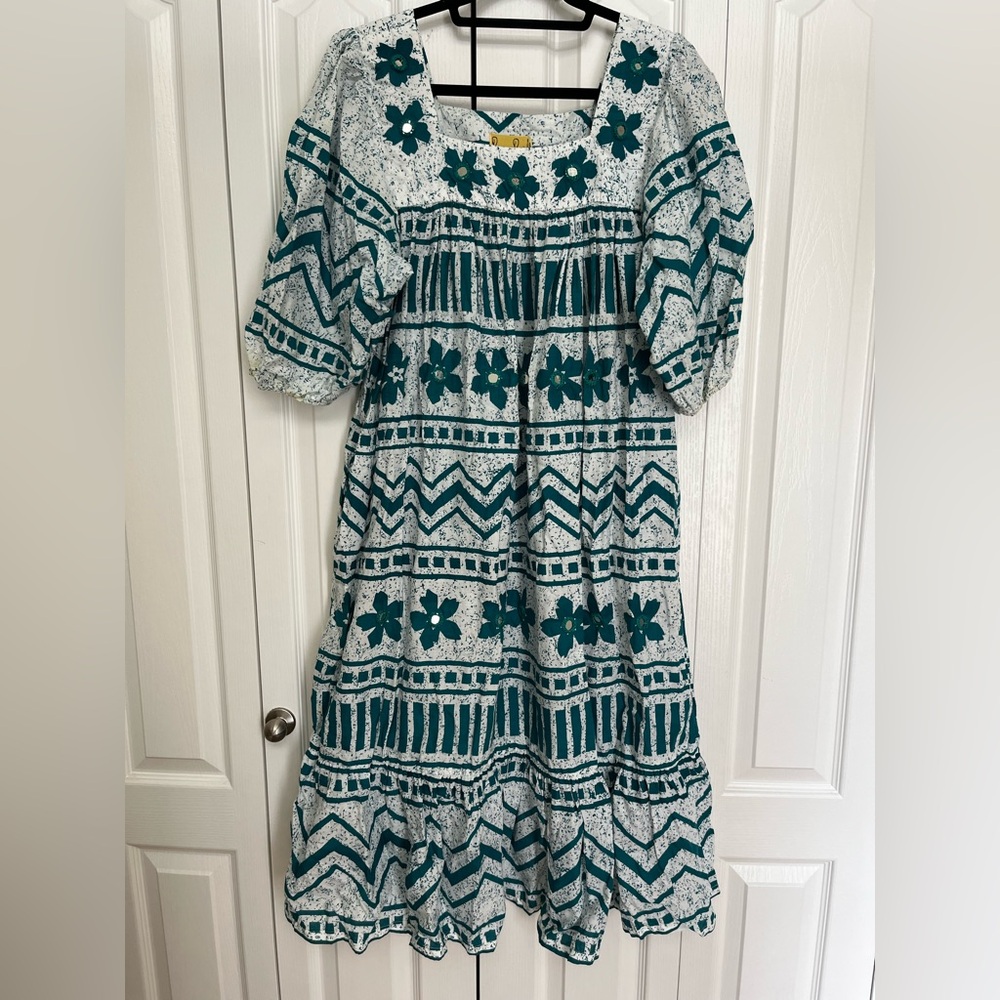 Vintage Ramona Rull Floral Patterned Green and White Mumu Dress L?